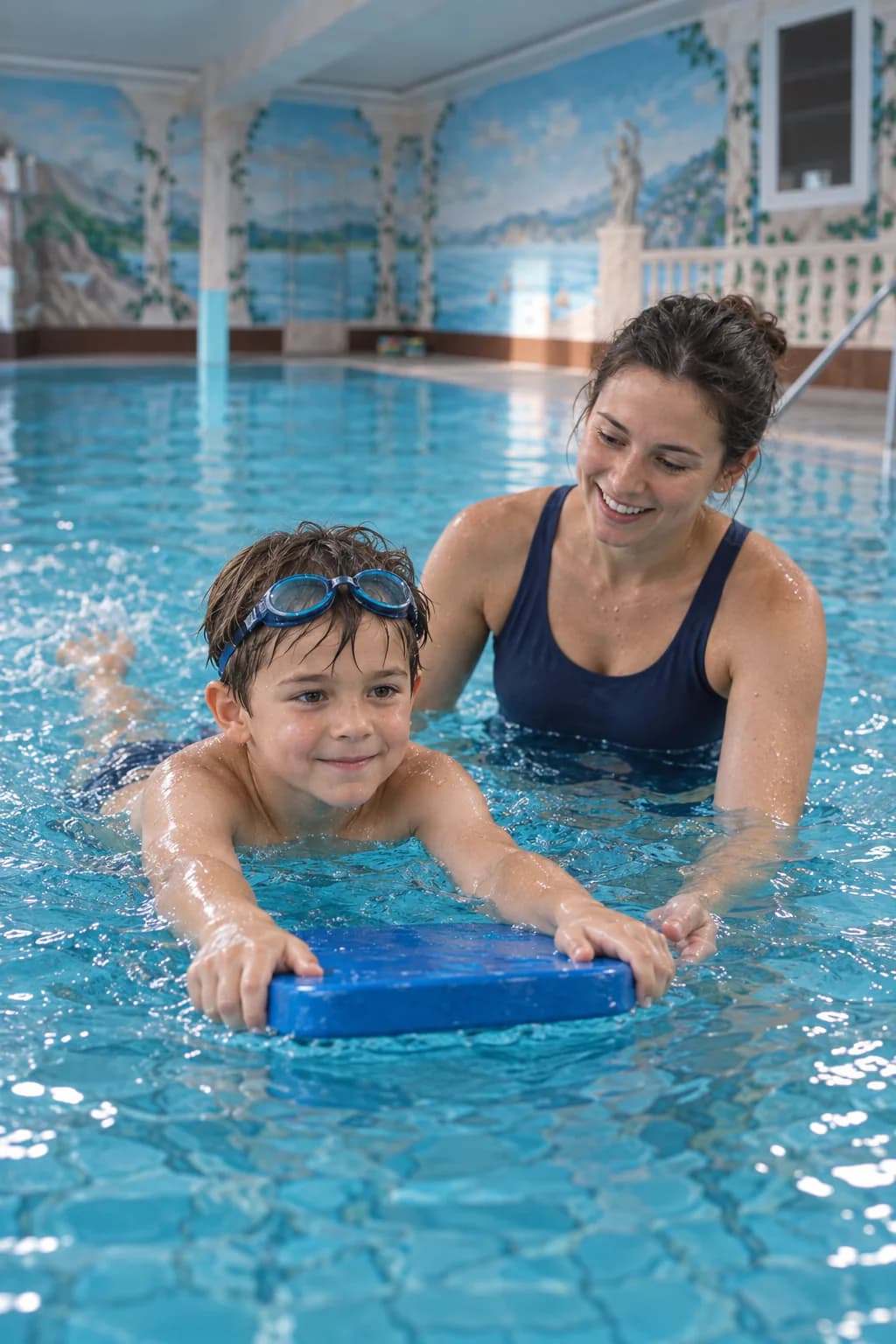 Junge übt mit der Schwimmlehrerin auf dem Schwimmbrett